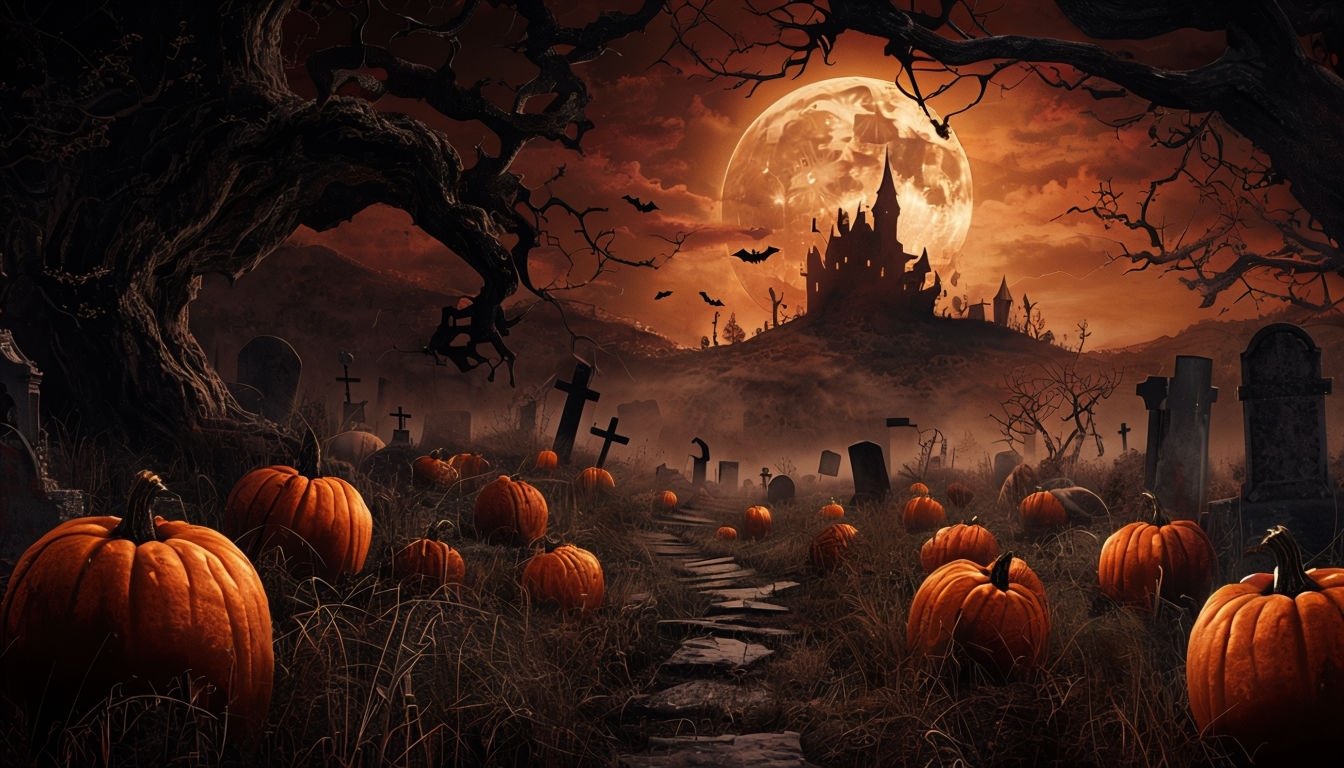 Spooky Halloween Scene with Jack-o'-lanterns and Bats Art - Playground