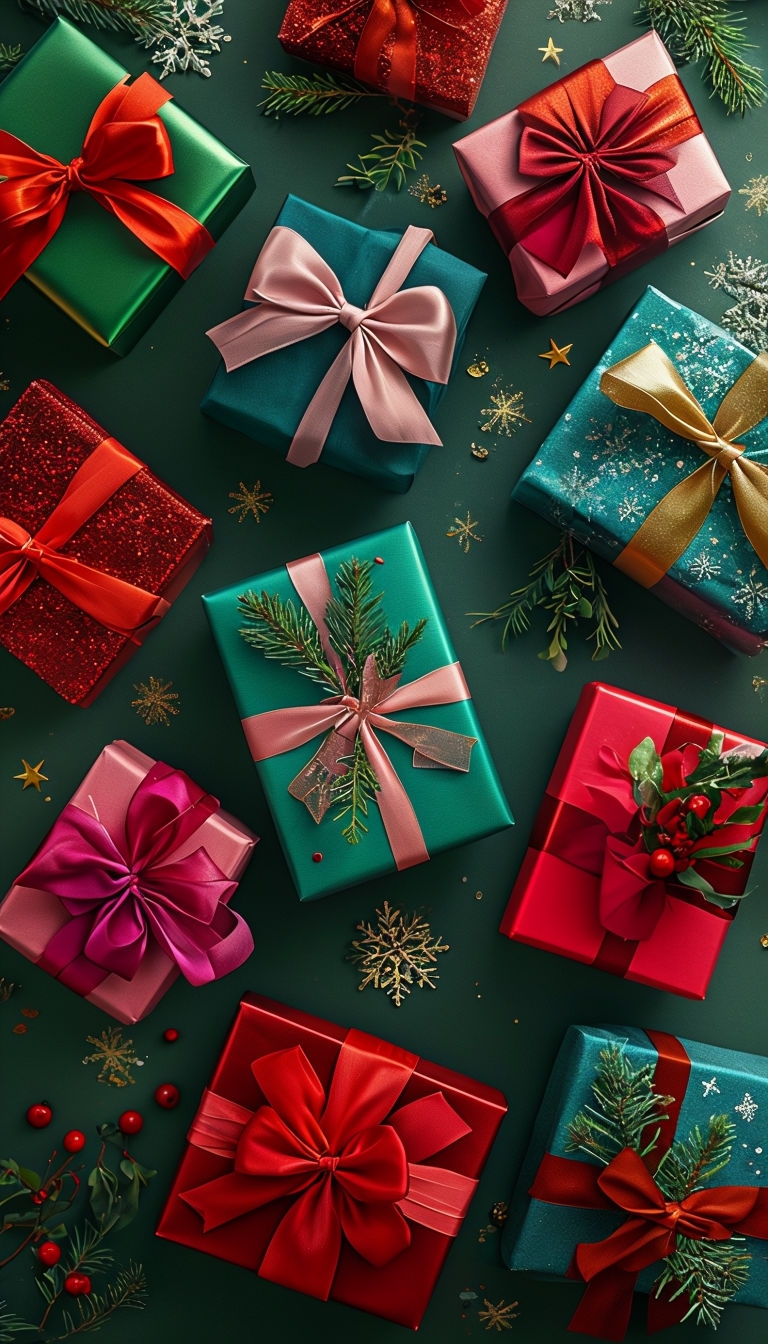 Festive Holiday Gift Boxes Flat Lay with Bows and Decorations Mobile Wallpaper