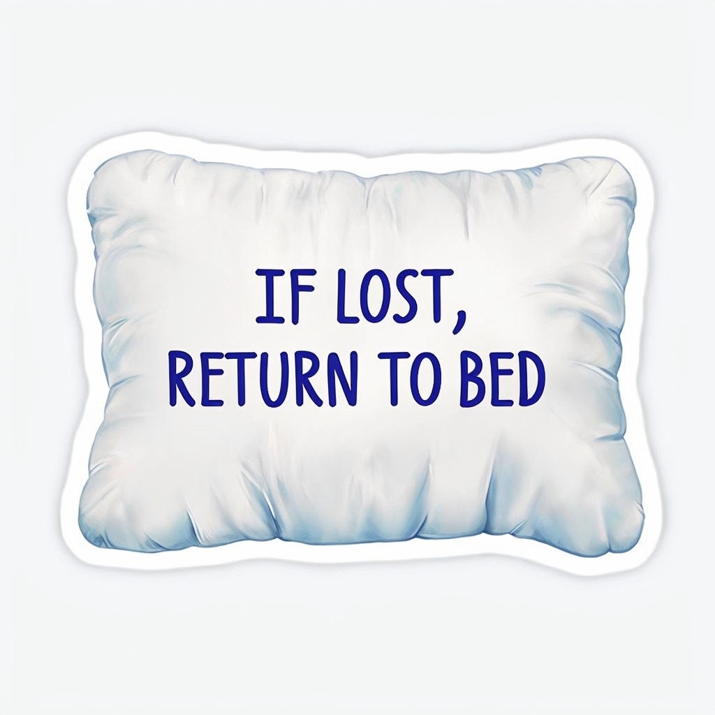 Cozy Pillow Sticker with 'If Lost, Return to Bed' Text