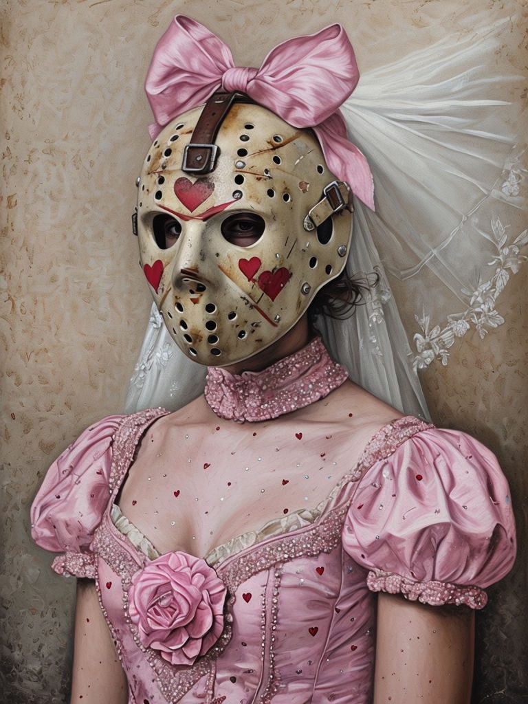 Surreal Portrait of Whimsical Hockey Mask with Victorian Dress Art