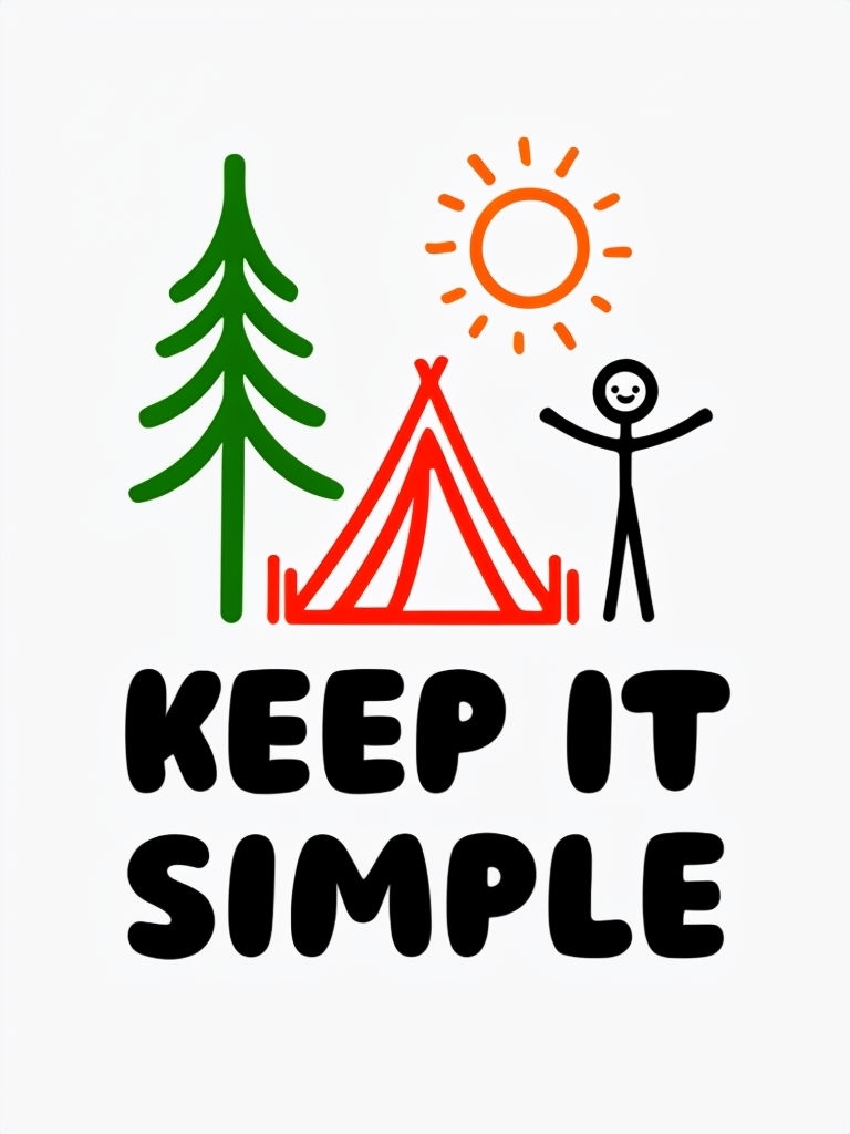 Minimalist Cartoon Camping Scene with Keep It Simple Text Poster