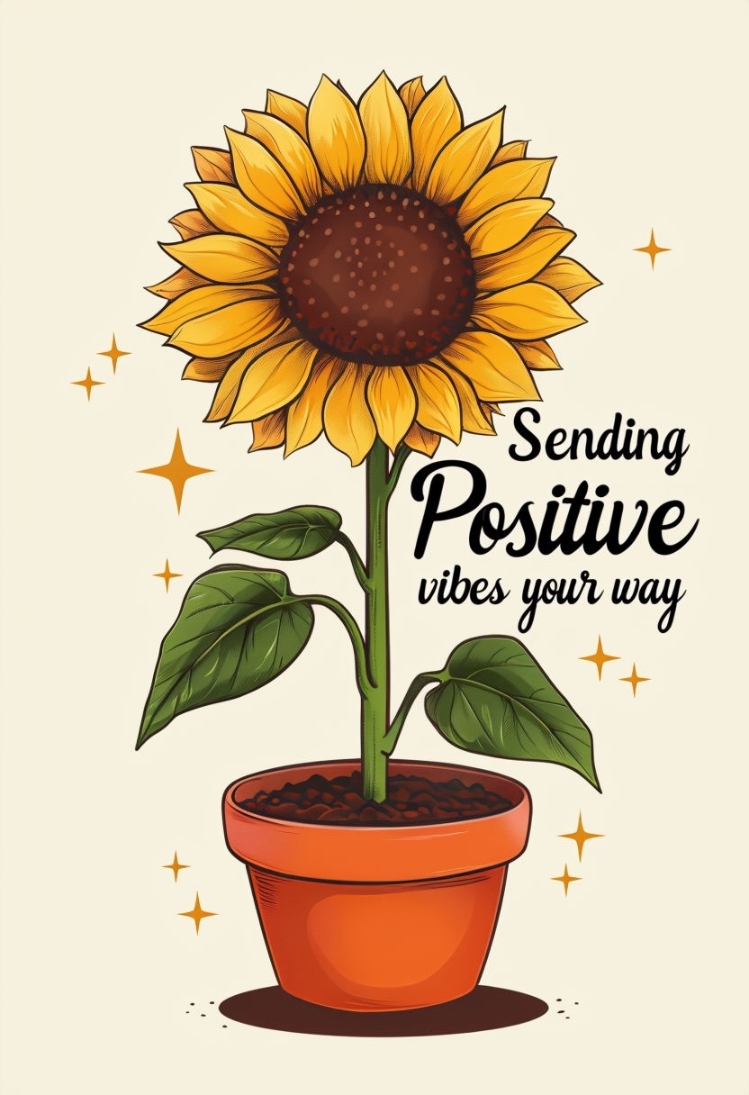 Vibrant Sunflower Sending Positive Vibes Illustration Card