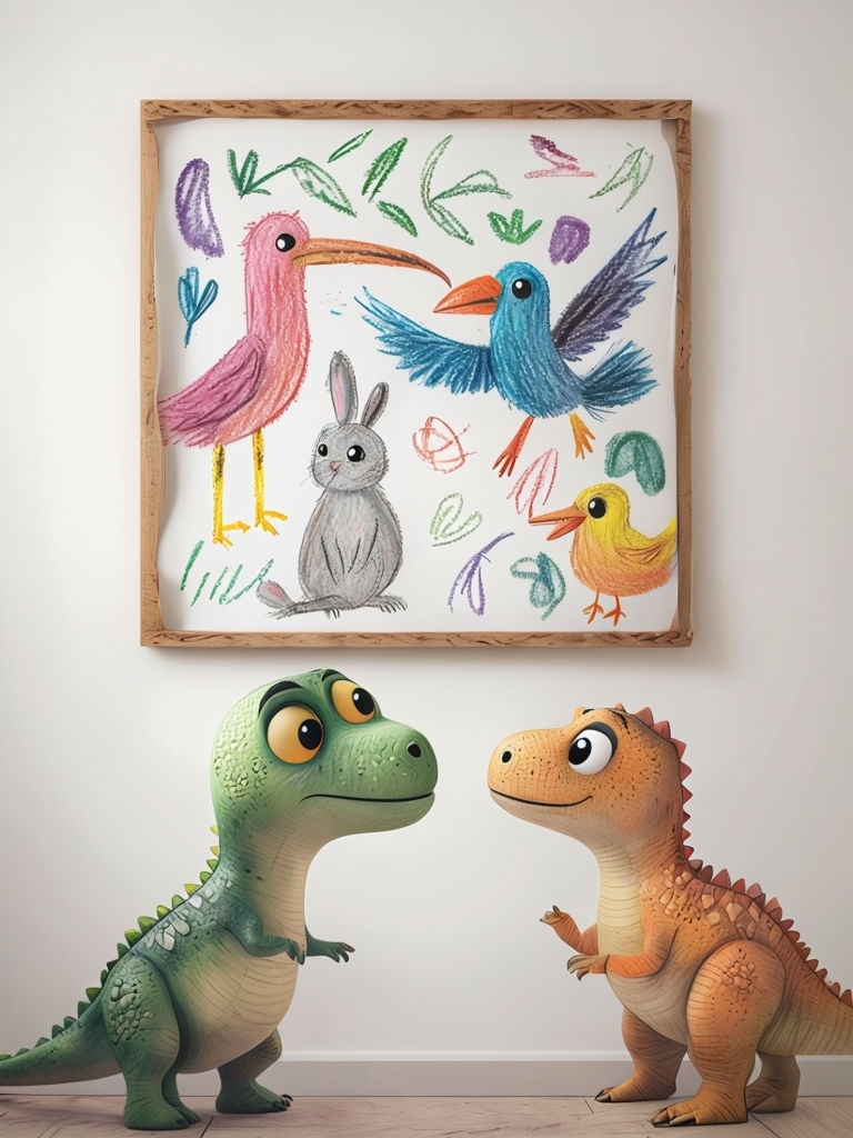 Whimsical Dinosaur Interaction with Colorful Animal Art Poster
