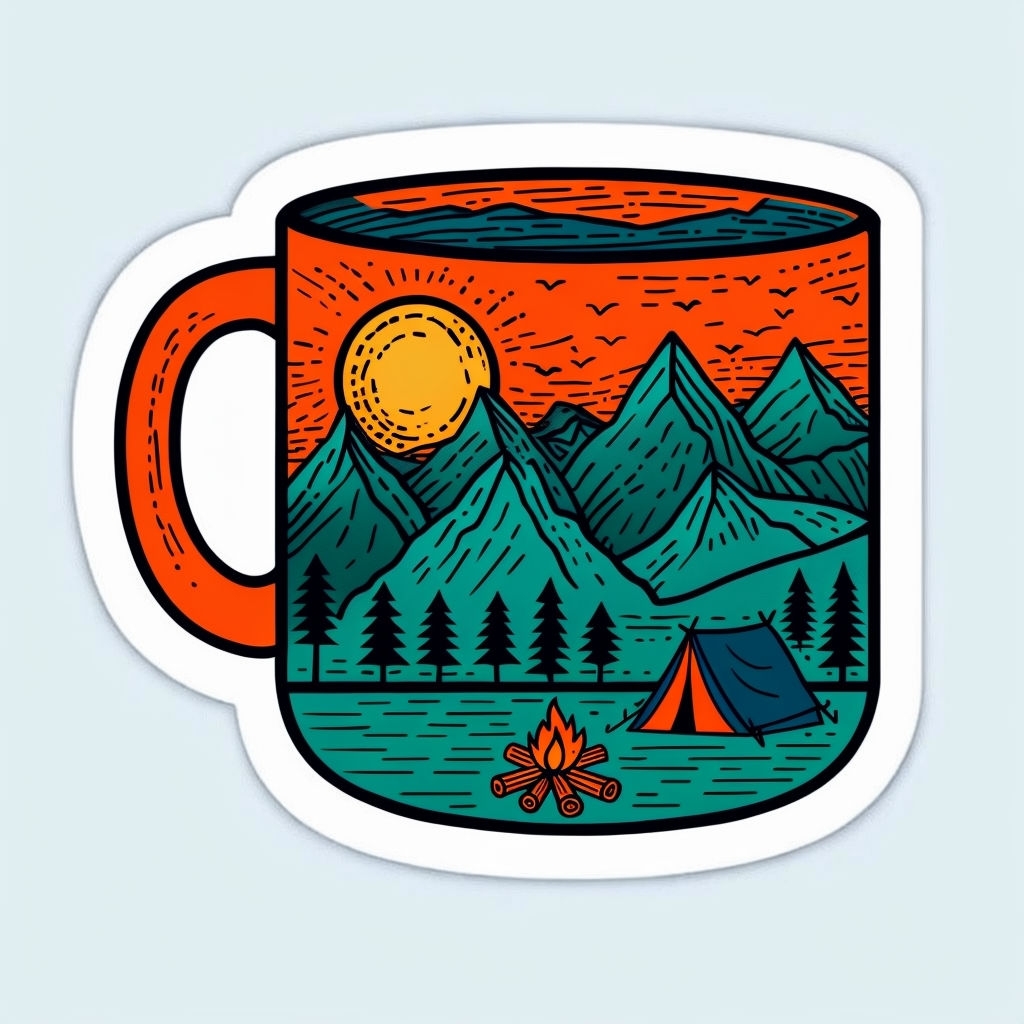 Whimsical Camping Scene Inside Mug-Shaped Sticker Design