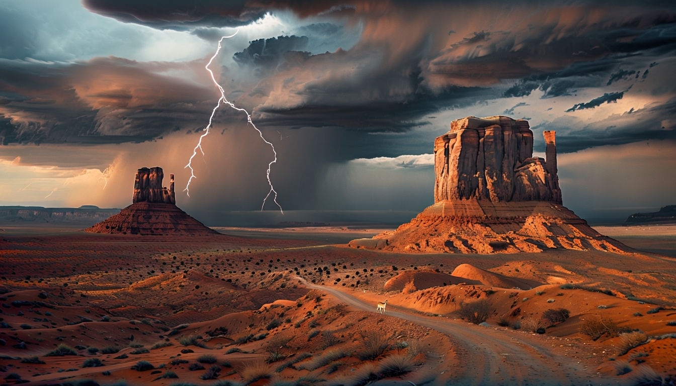 Dramatic Desert Storm Landscape with Monoliths and Lightning Virtual Backgrounds