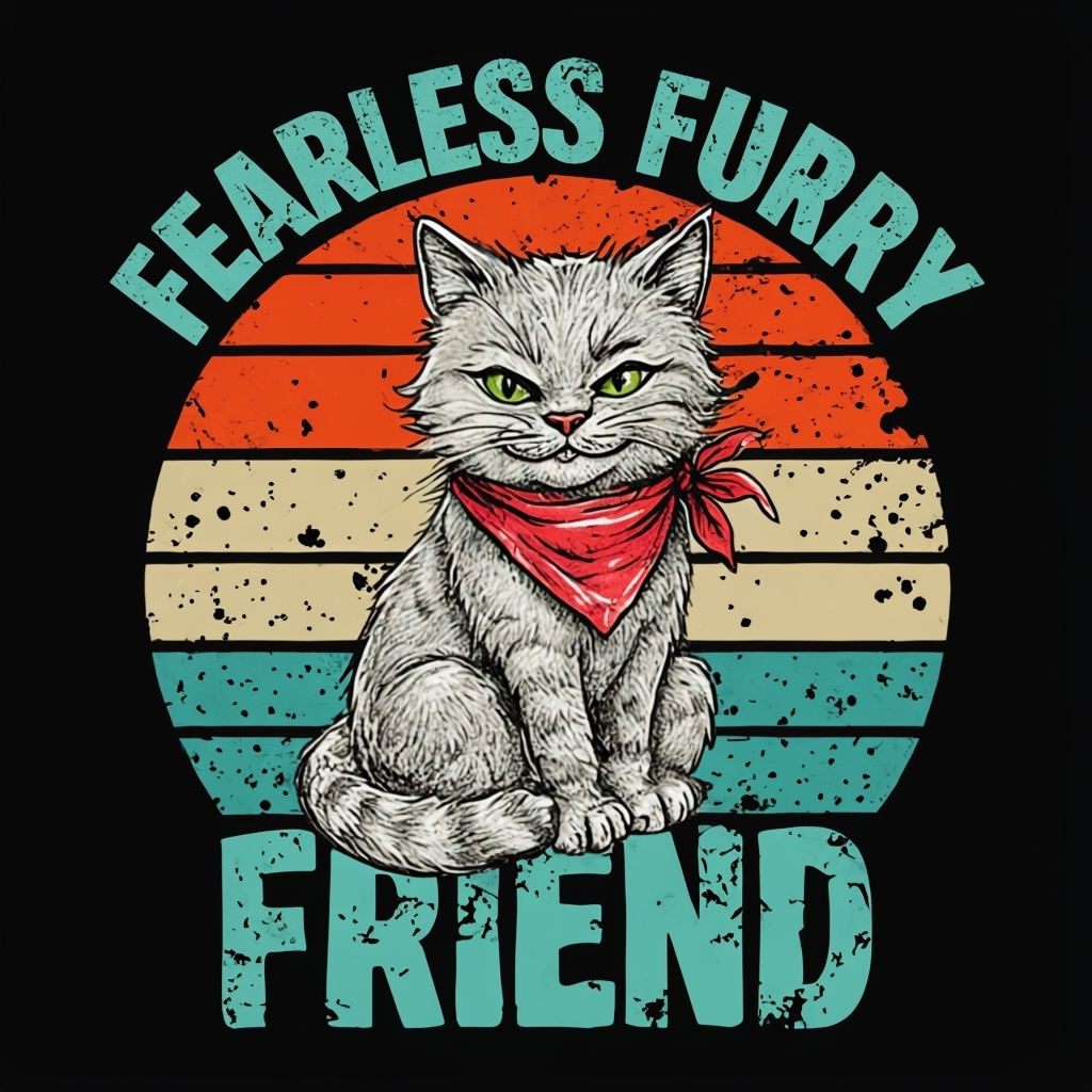 Fearless Furry Cat with Retro Sunset Graphic T-Shirt