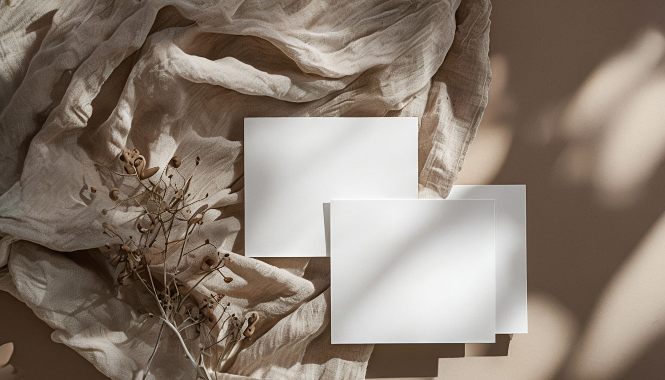 Elegant Blank White Cards on Textured Fabric Flat Lay Mockup