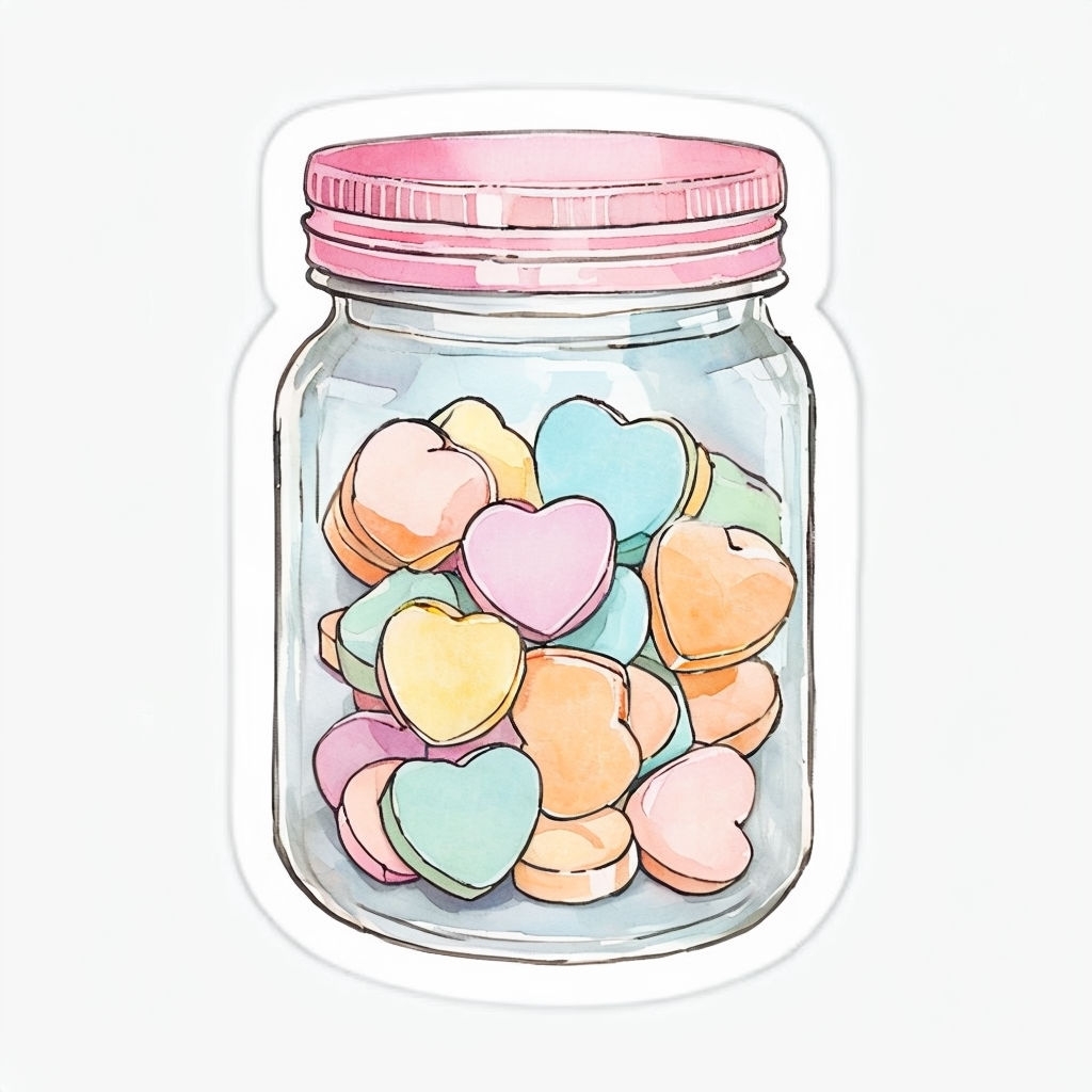 Colorful Heart-Shaped Candies in Glass Jar Sticker