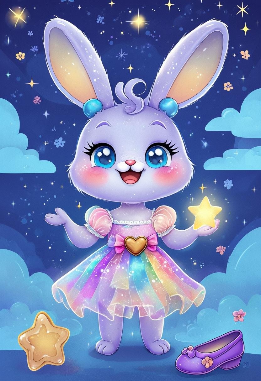 Cute Lavender Bunny in Rainbow Dress under Starry Night Poster