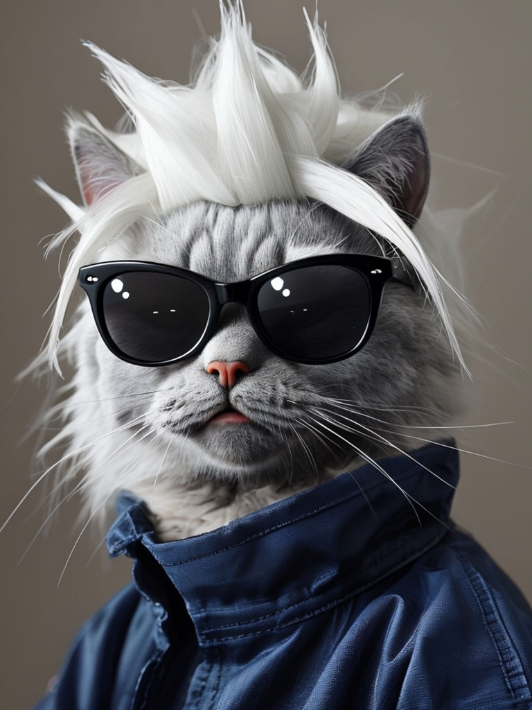 Stylish Anthropomorphic Cat Portrait with Spiky Wig Art