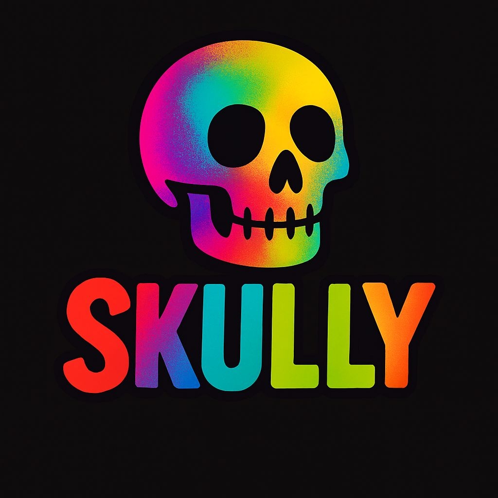Vibrant Rainbow Skull Icon with 'SKULLY' Text T-Shirt