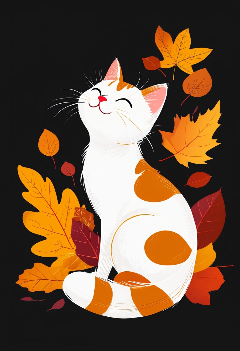 Happy White Cat Among Autumn Leaves Digital Art Illustration