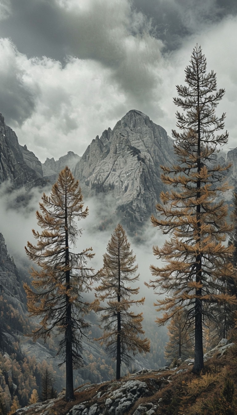 Serene Autumn Landscape with Coniferous Trees and Mountains Mobile Wallpaper