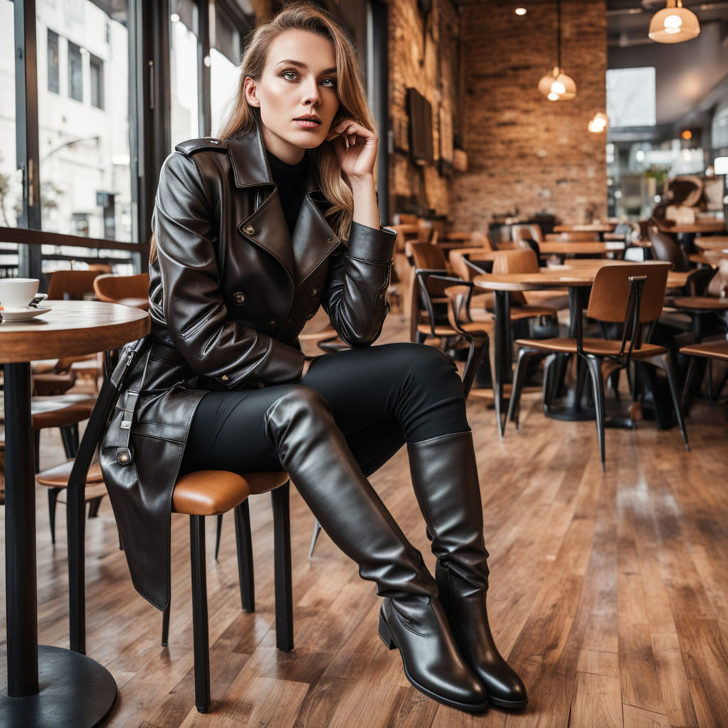 Woman in leather trenchcoat and boots sitting in cafe by LXDesign ...