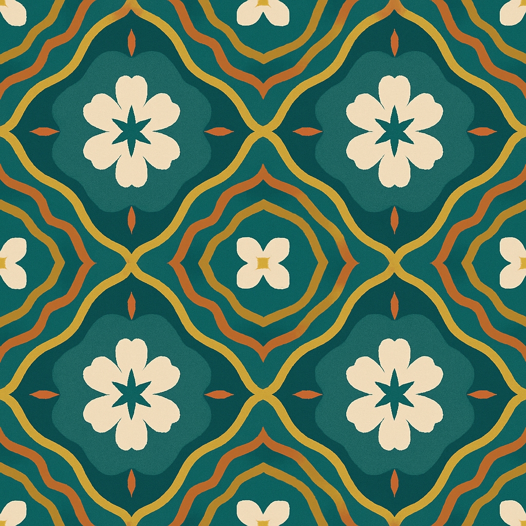 Vibrant Geometric Diamond Pattern with Flowers and Accents Seamless Pattern