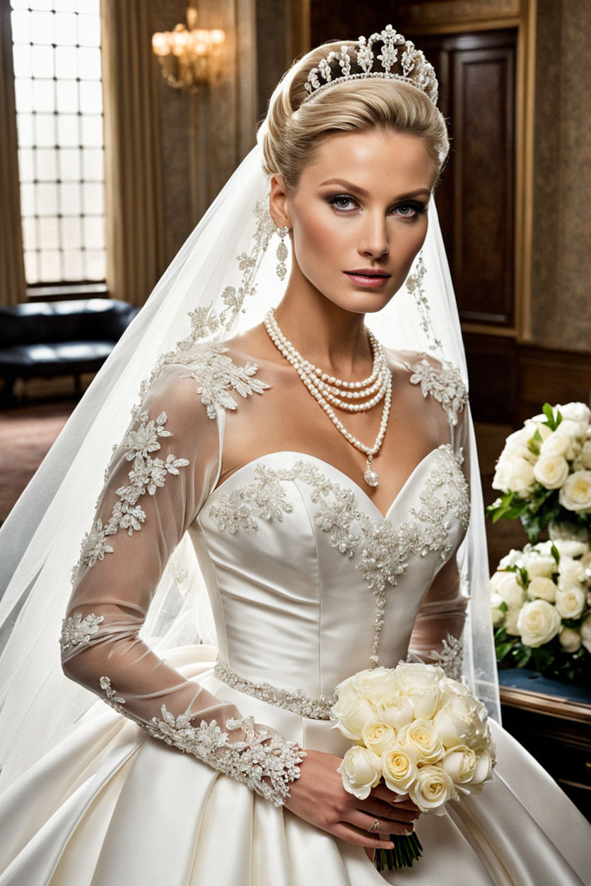 her expensive white wedding dress is decorated with gemstones and intricate  golden details with a very deep cleavage