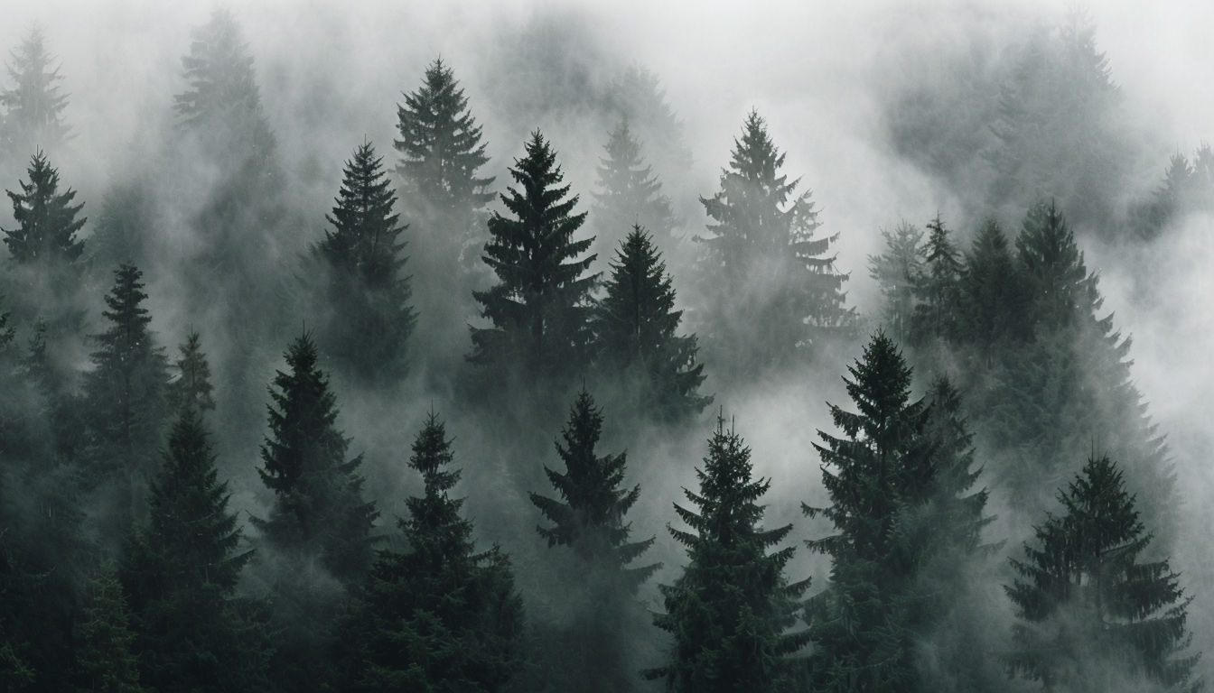 Misty Evergreen Forest Landscape Photography Art