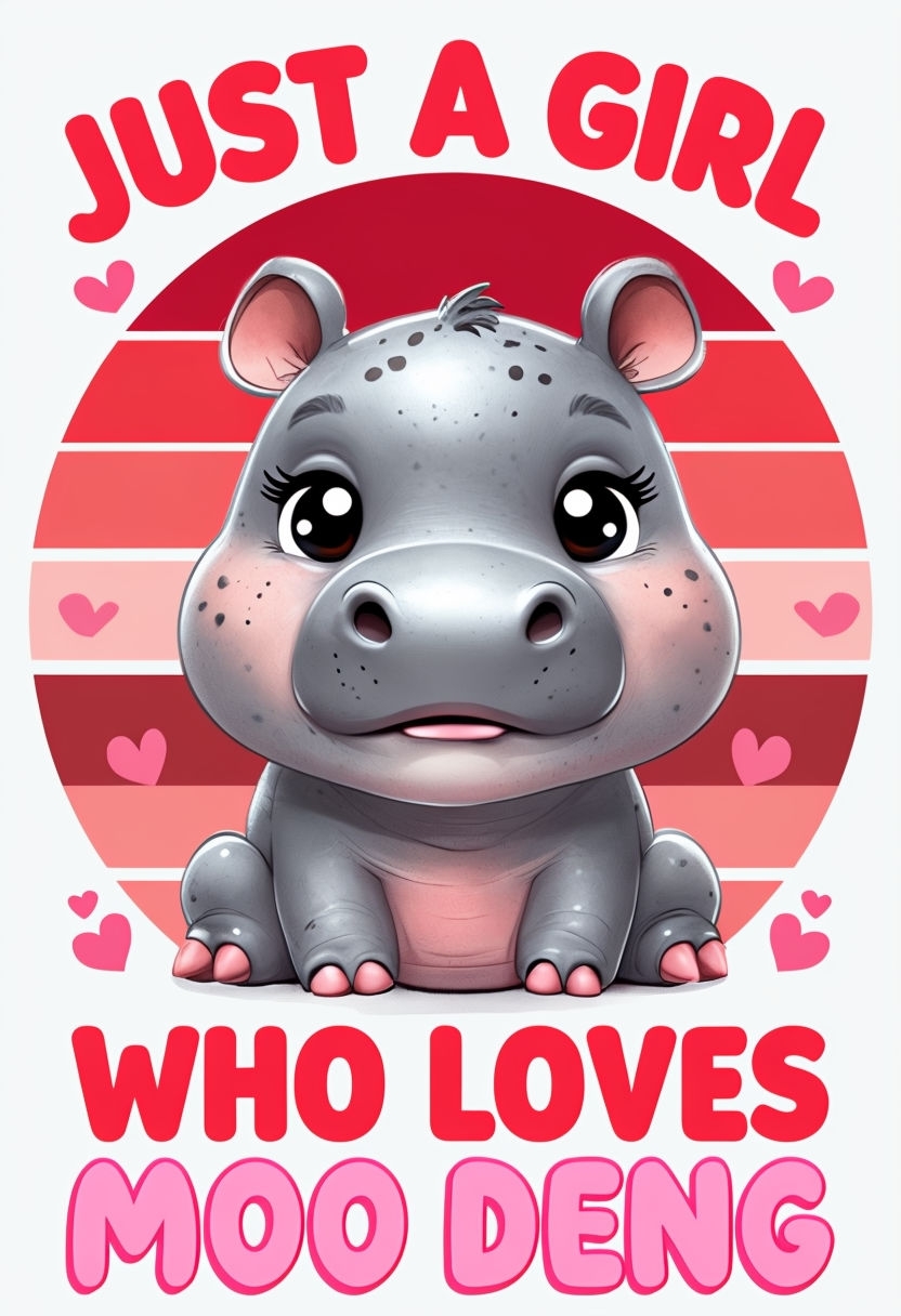 Cute Cartoon Baby Hippo with Hearts Digital Poster