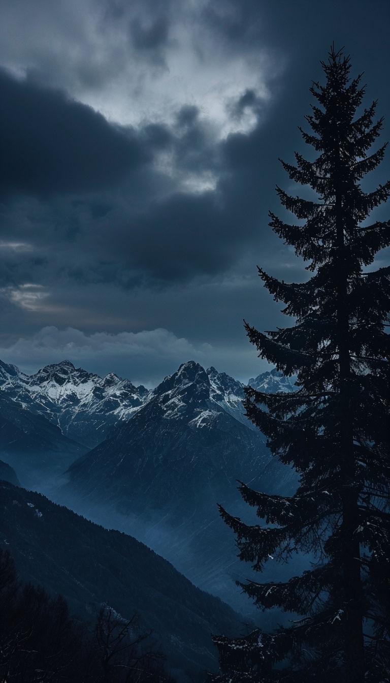 Moody Evergreen Tree and Snow-Capped Mountains Landscape Mobile Wallpaper