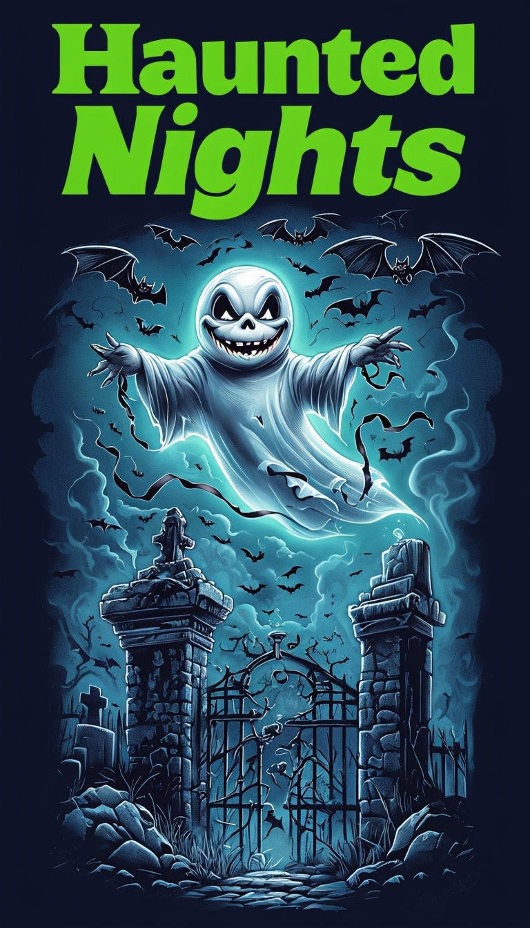 Spooky Cheerful Ghost with Bats Haunted Nights Art