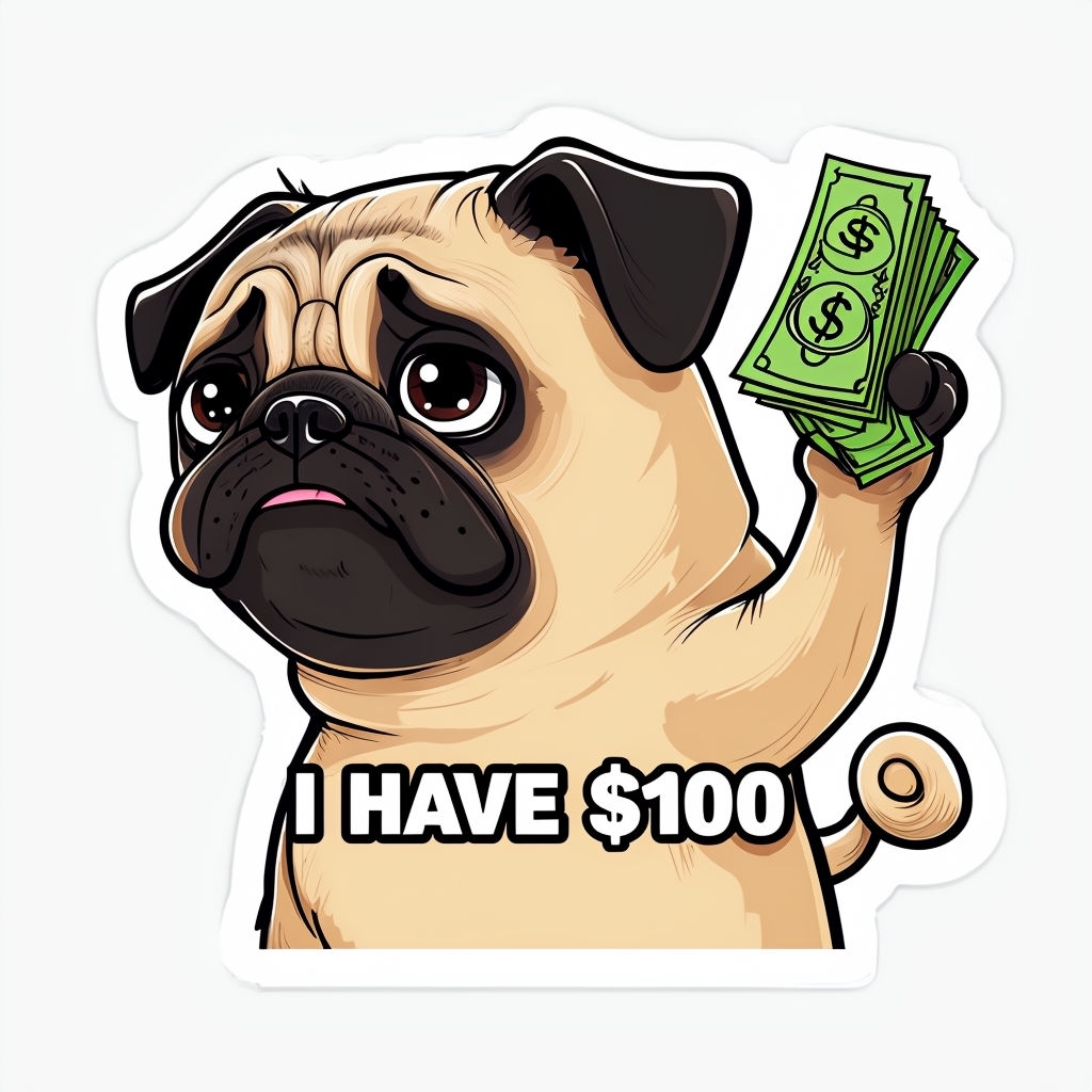 Cartoon Pug with Money and Humorous Text Sticker