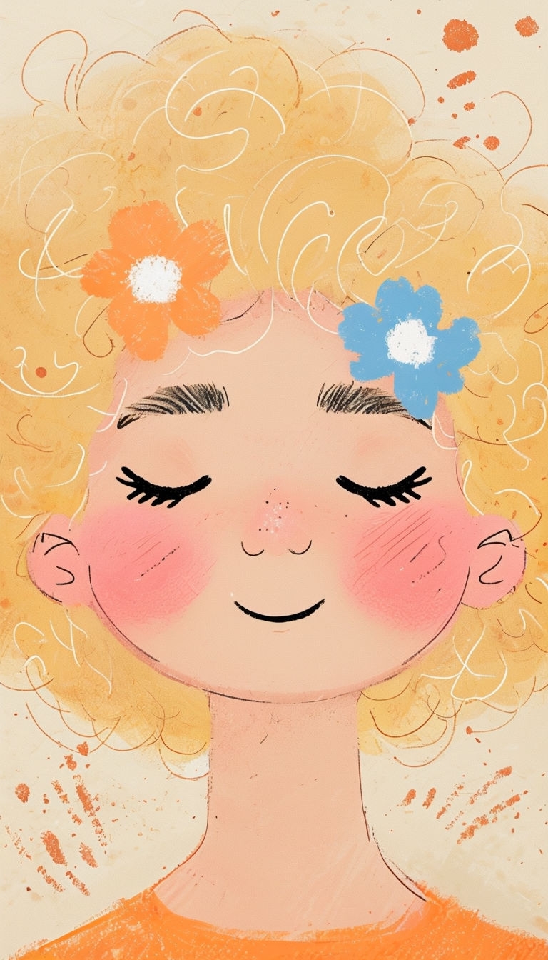 Cheerful Cartoon Character with Flowers and Blush Mobile Wallpaper