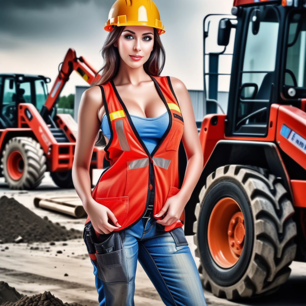 beautiful sexy hot sensual evocative strong muscled woman posing in  construction gear