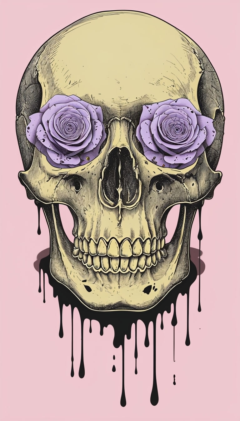 Eerie Skull with Lavender Roses and Ink Drip Design Phone Case Cover