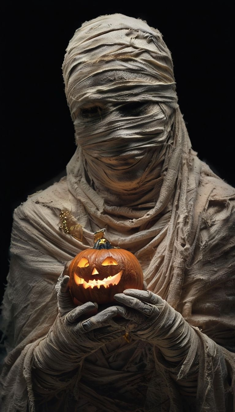 Eerie Mummy Holding Glowing Jack-O'-Lantern in Dark Background Mobile Wallpaper