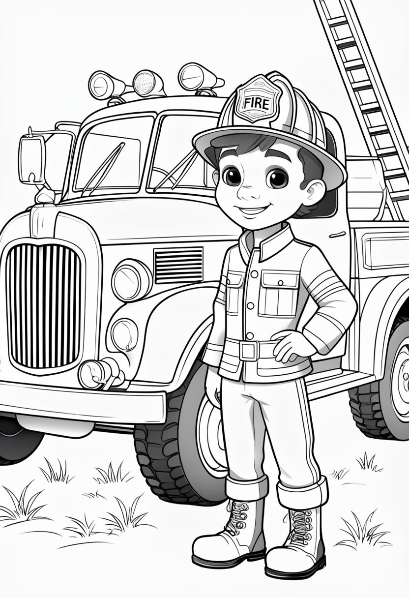 Cheerful Young Firefighter with Vintage Fire Truck Coloring Book Page