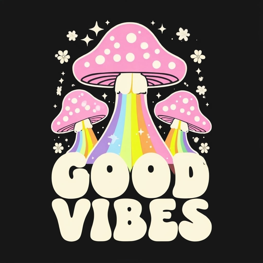 Whimsical Retro Psychedelic Good Vibes Mushroom T-Shirt