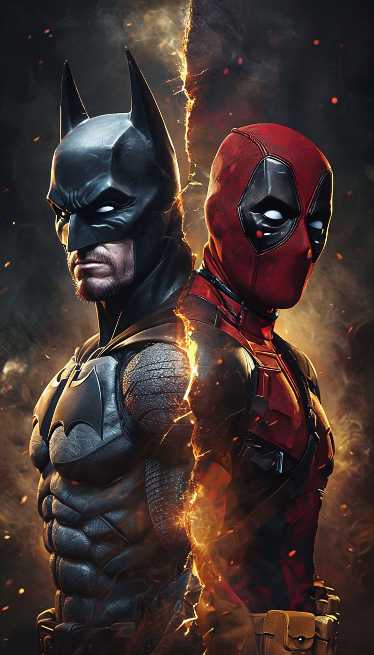 Dramatic Batman vs Deadpool Digital Art with Fiery Crack Background Poster