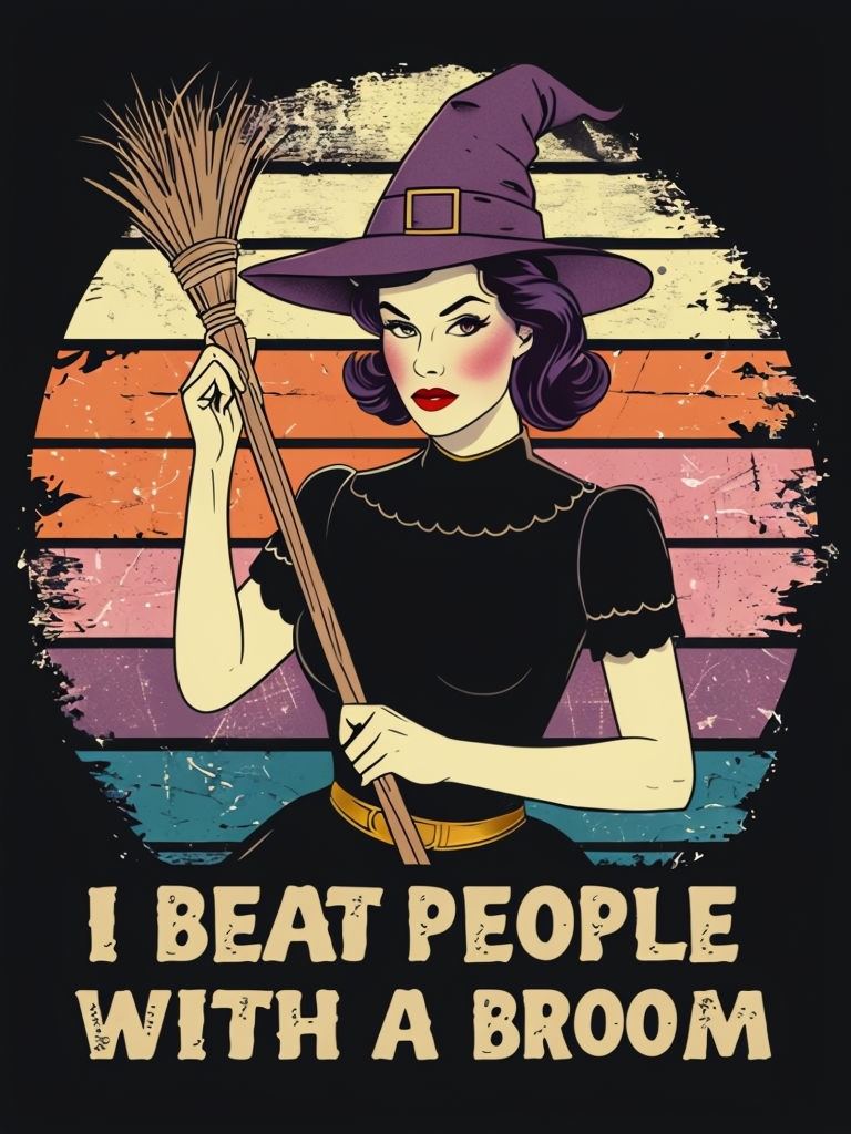 Vintage Witch with Broomstick Empowering Art T-Shirt