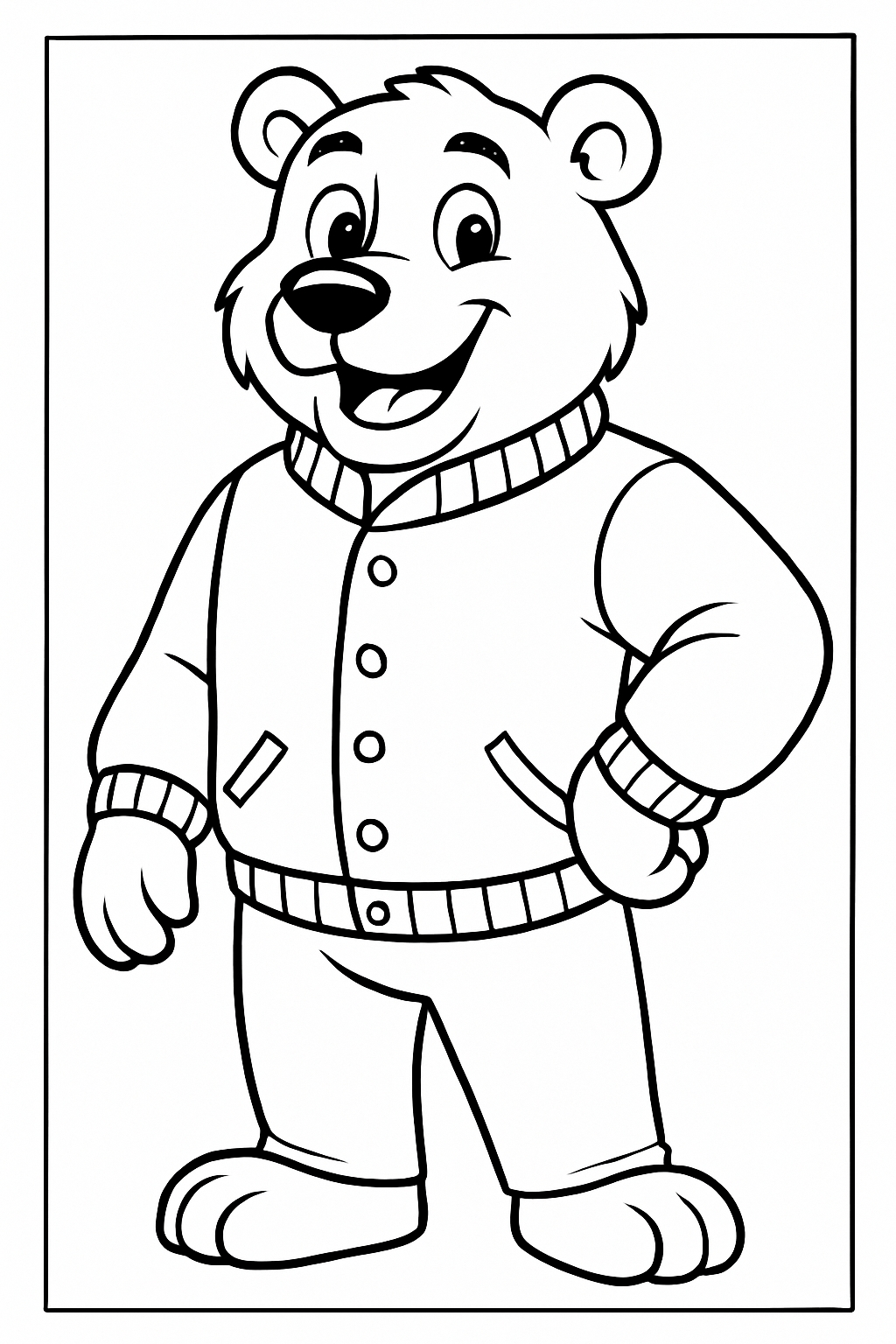 Happy Cartoon Bear Character Line Drawing for Kids Coloring Book Pages