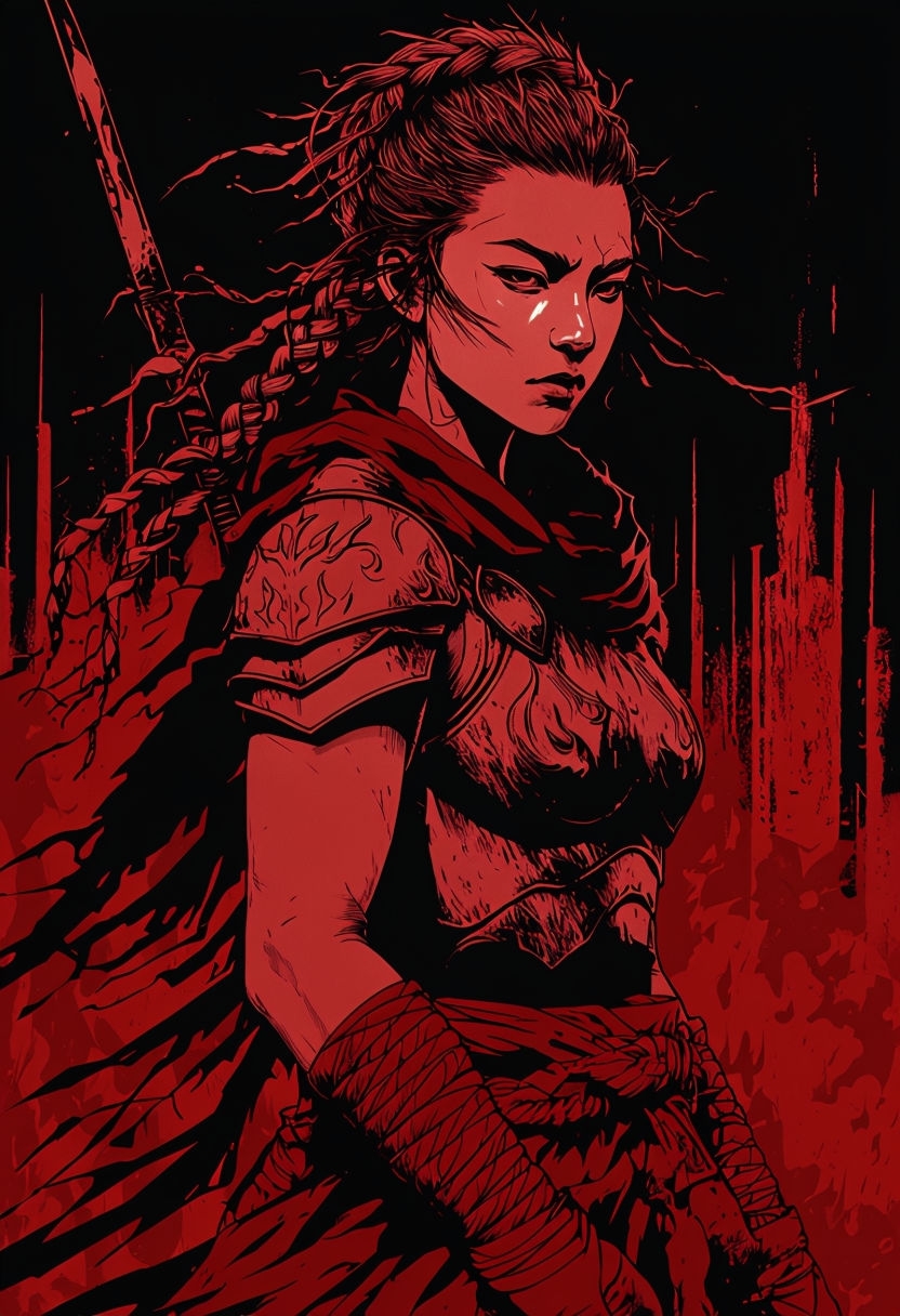 Monochromatic Red Warrior Illustration on Black Background Art