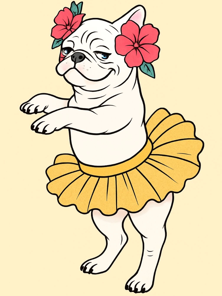 Whimsical Cartoon French Bulldog in Tutu Illustration Art