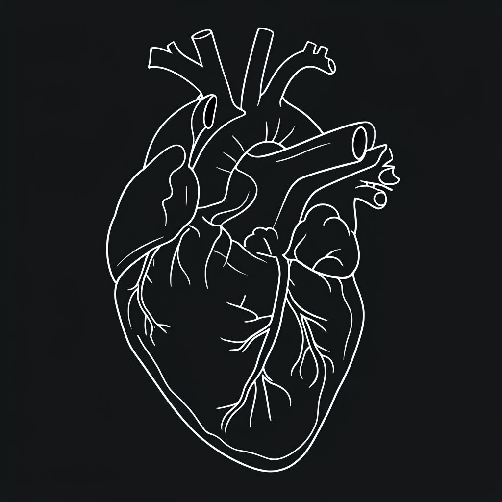 Minimalistic Line Drawing of Human Heart on Black Background Art