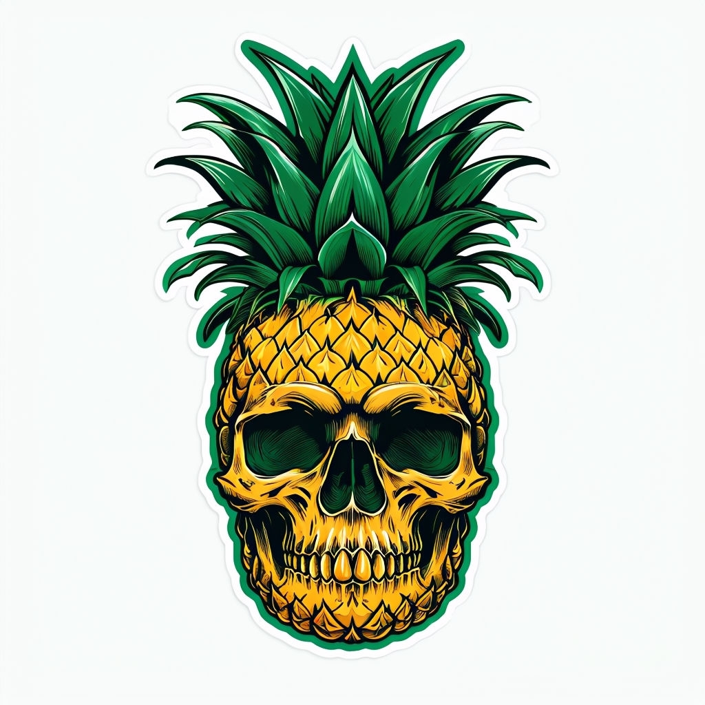 Surreal Pineapple Skull Illustration with Tropical Vibes Sticker