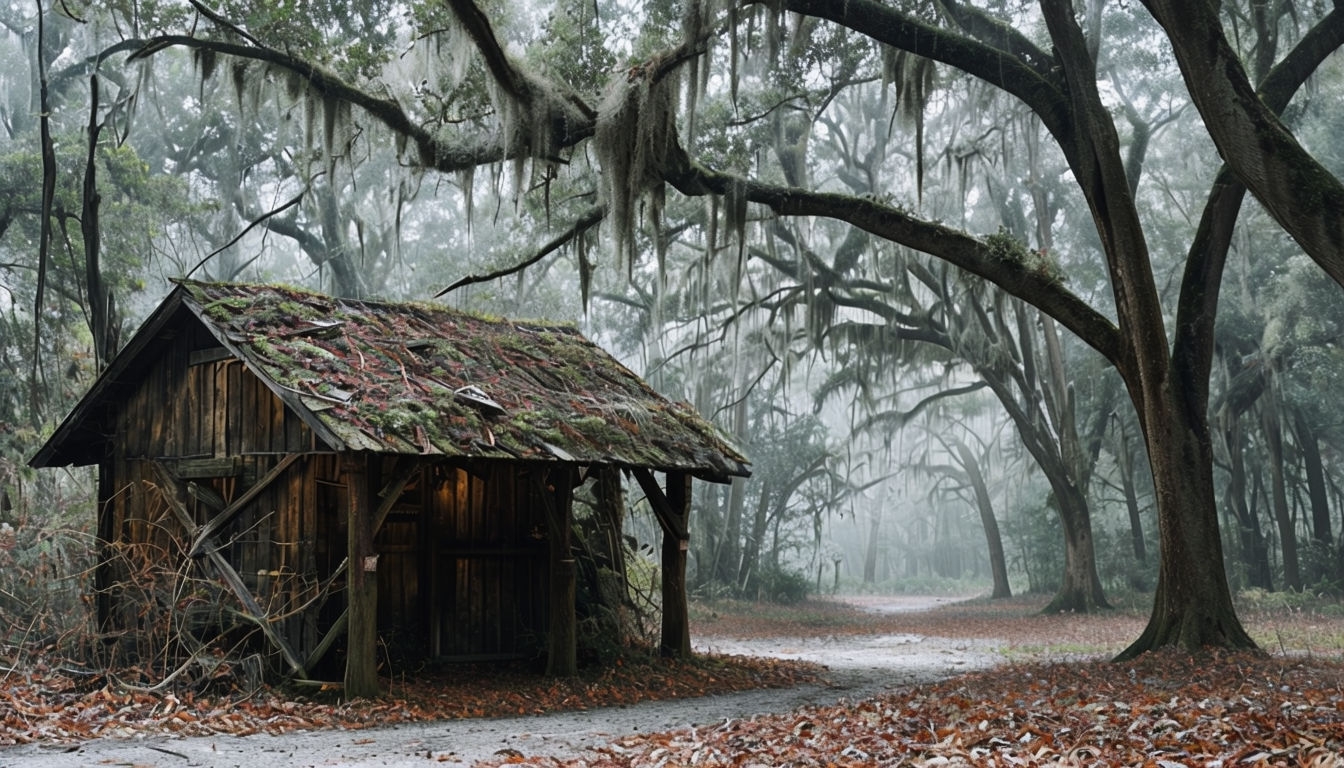 Serene Misty Forest with Rustic Shed Virtual Background