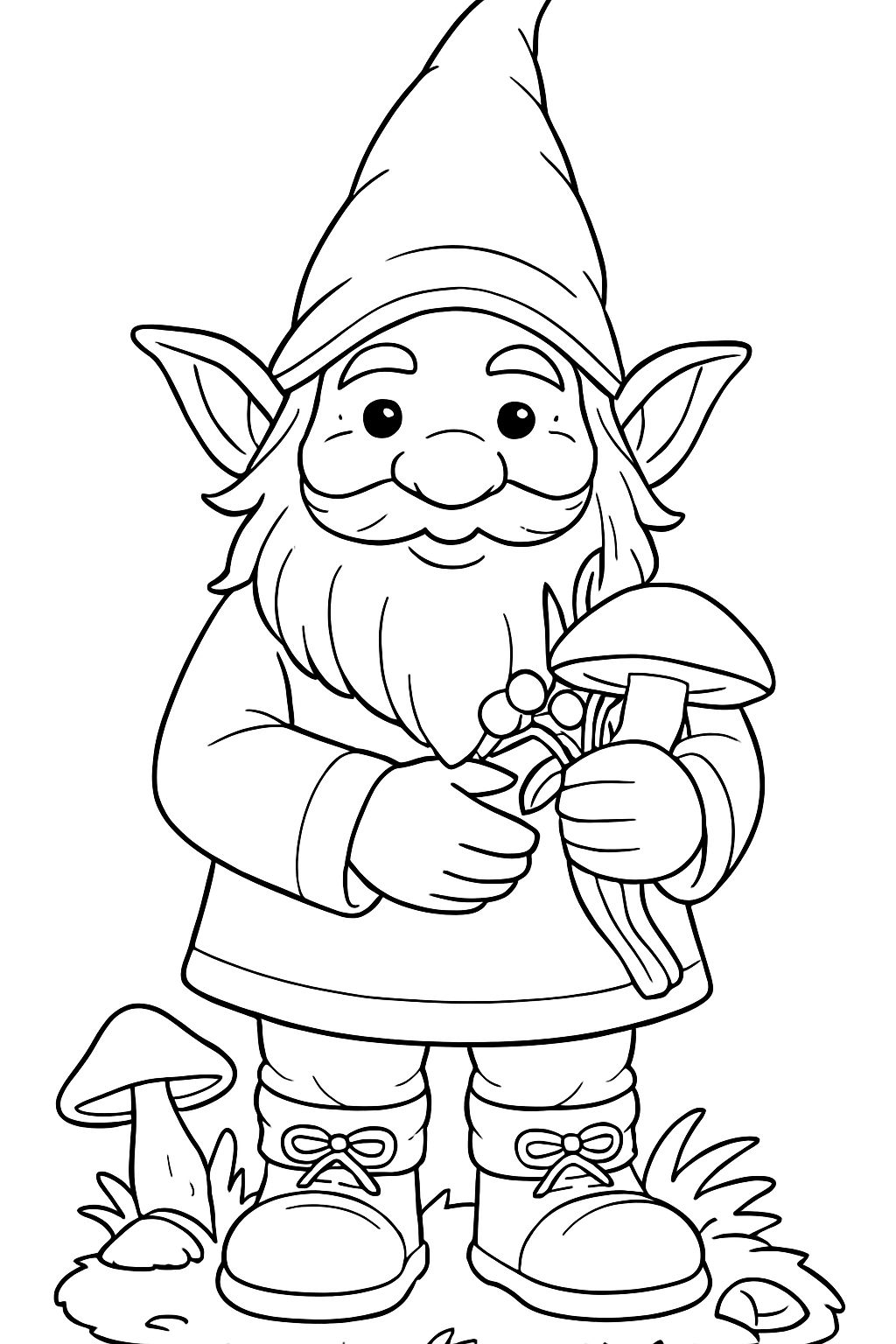 Cheerful Gnome Holding Mushrooms Line Drawing Coloring Book Pages