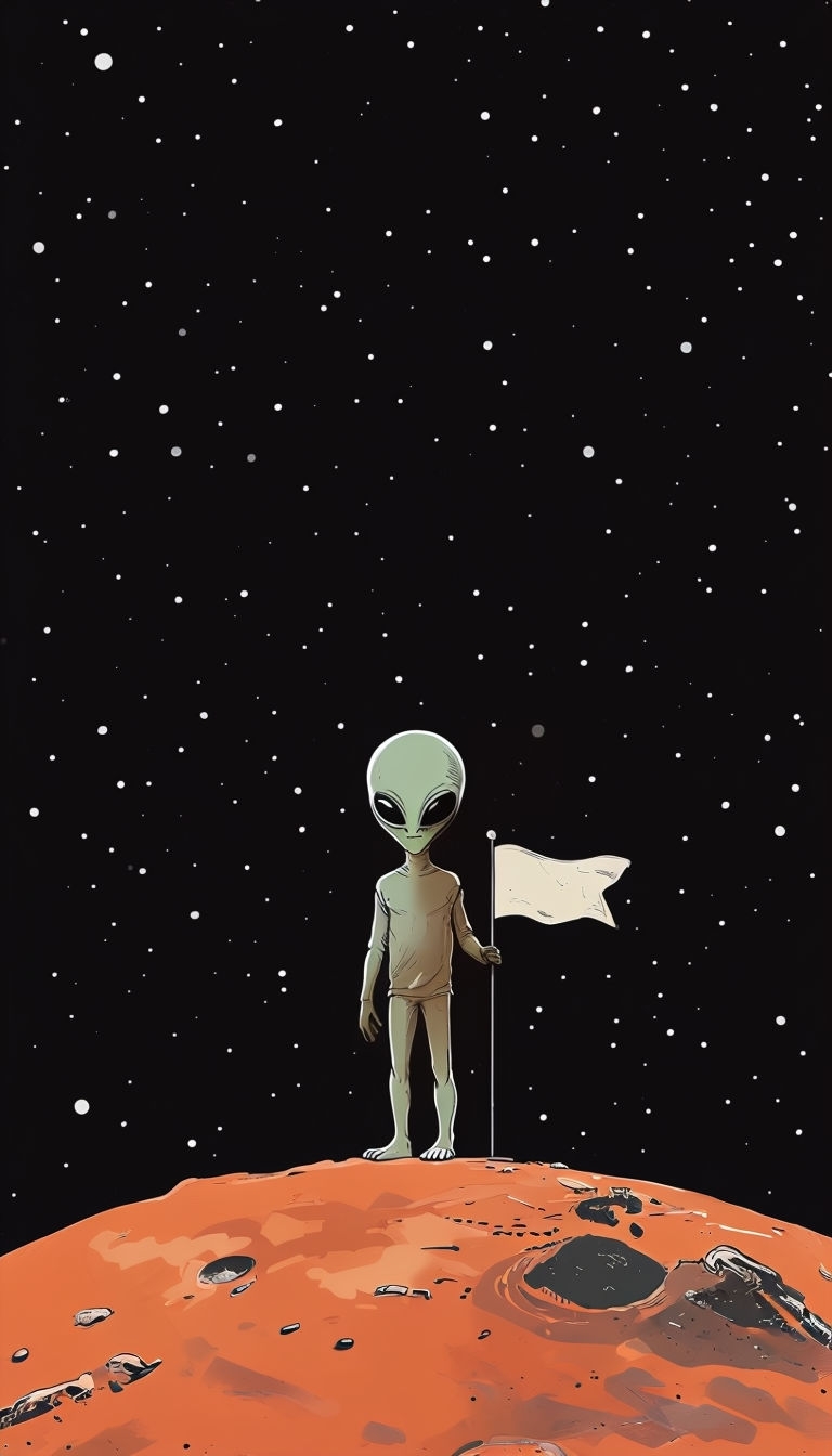 Minimalist Green Alien on Mars in Starry Space Scene Wallpaper