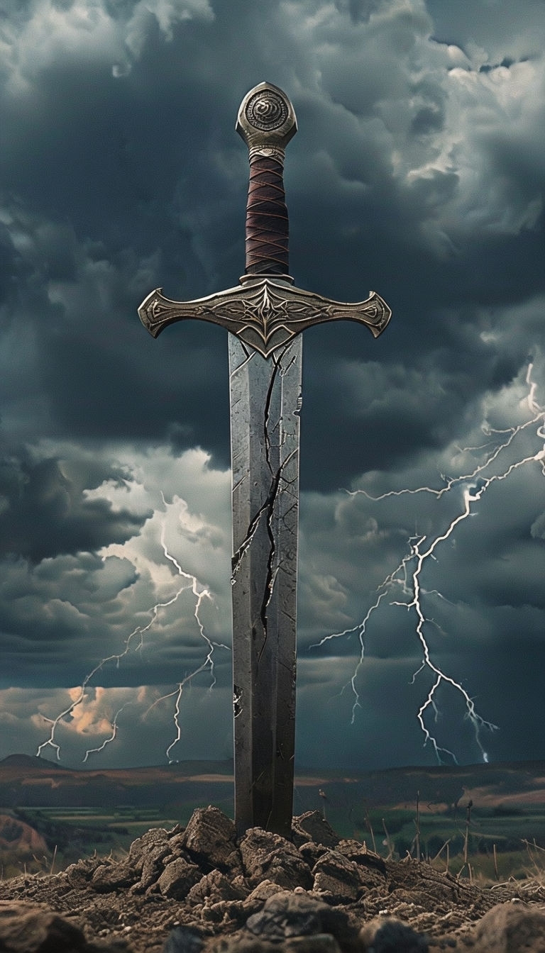 Broken Sword Stuck in Dry Earth Under Stormy Sky Mobile Wallpaper