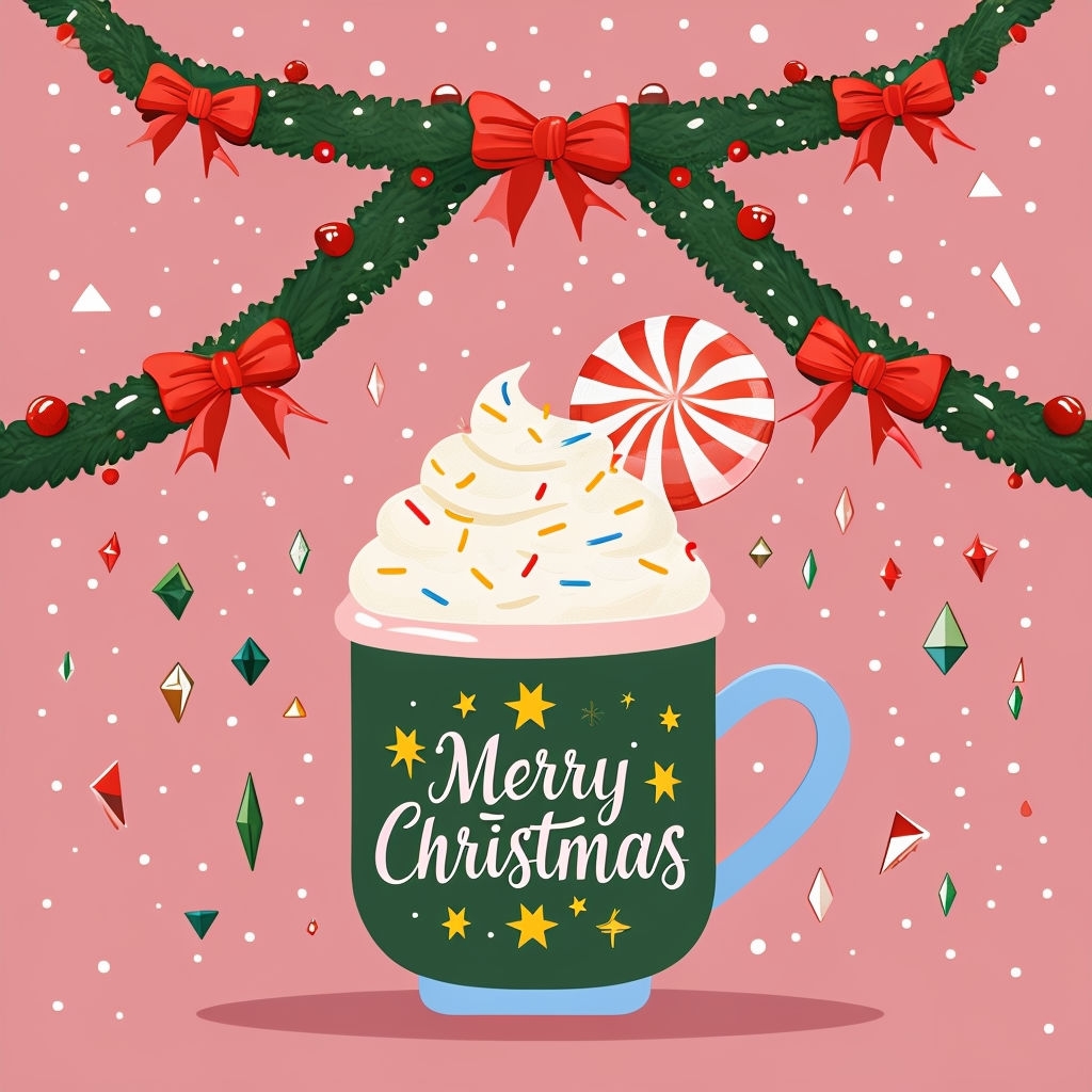 Festive Christmas Mug Illustration with Whipped Cream and Candy Sticker