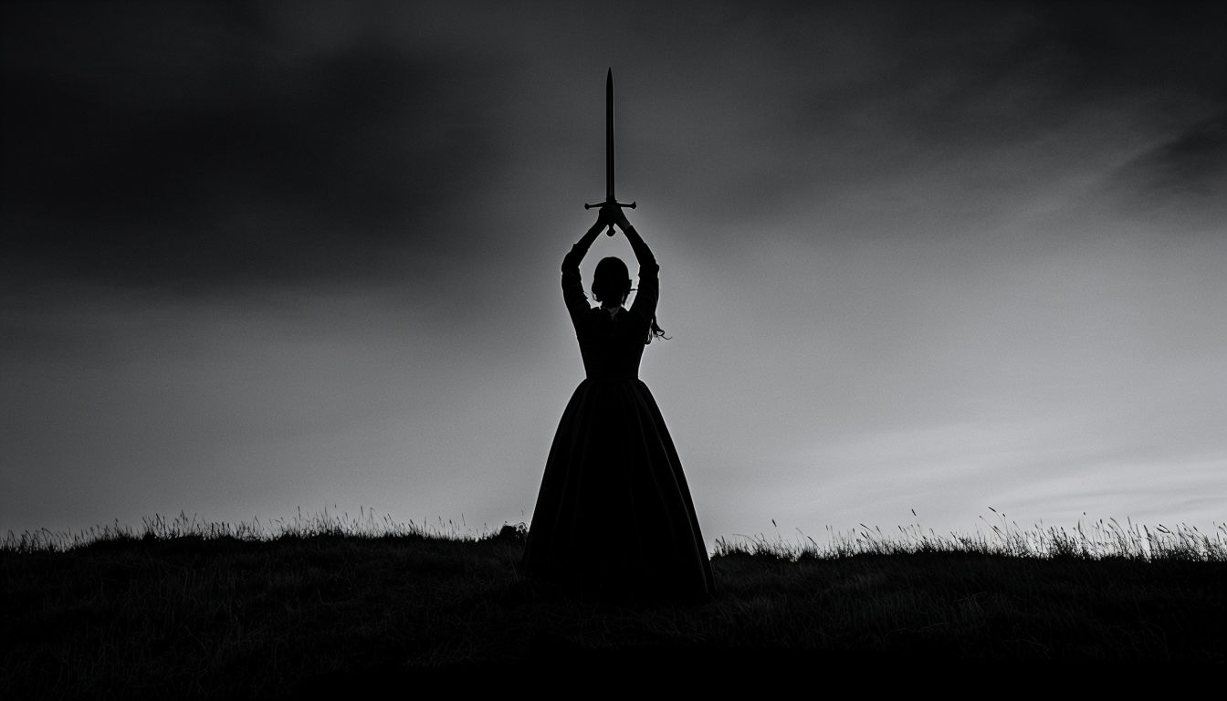 Dramatic Silhouetted Figure with Sword on Grassy Hilltop Background