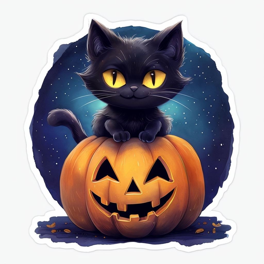 Whimsical Black Cat on Pumpkin Night Sticker