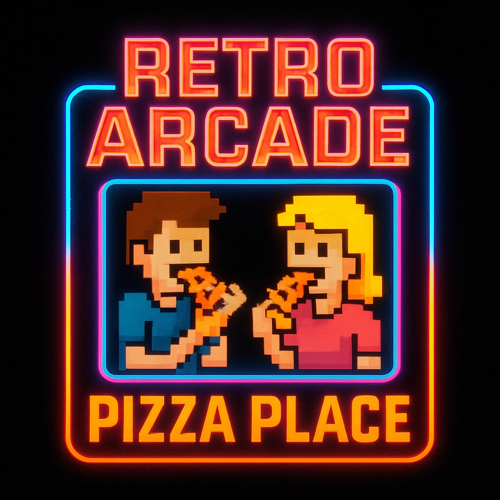 Vibrant Retro Arcade Neon Sign Logo with Pixel Characters