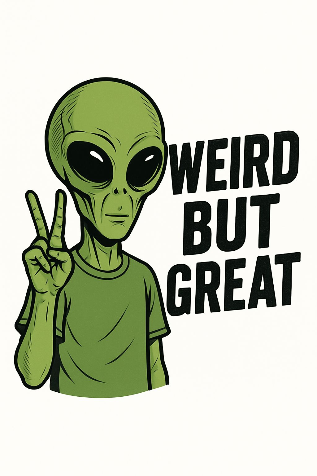 Playful Green Alien with Peace Sign and Bold Text T-Shirt