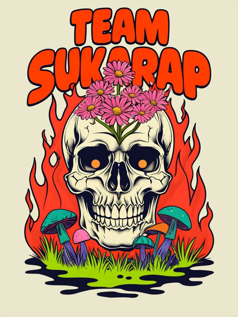 Surreal Skull with Daisies and Flames Art Poster