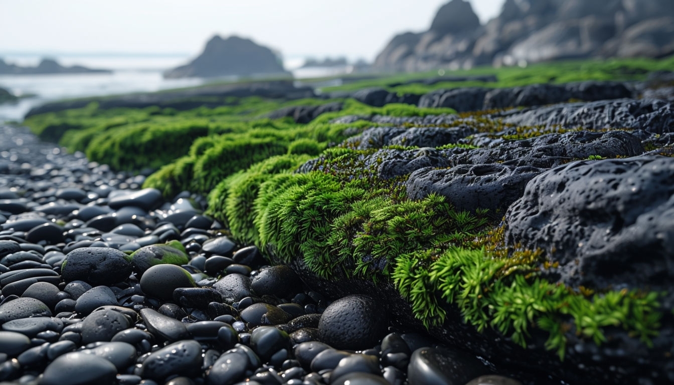 Tranquil Pebbled Beach with Mossy Rocks Virtual Background