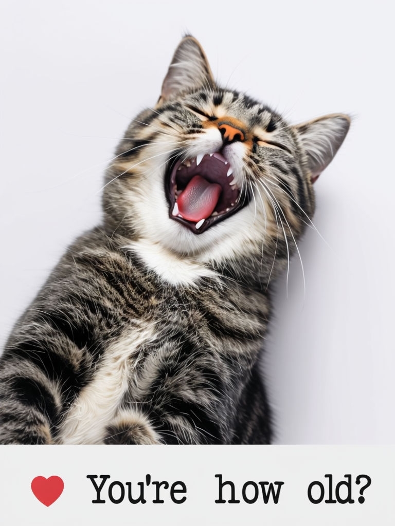 Playful Tabby Cat Laughing with Heart Text Panel Card Invite